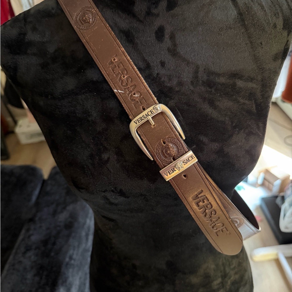 Versace Brown Leather Logo Belt with Silver-Tone Buckle